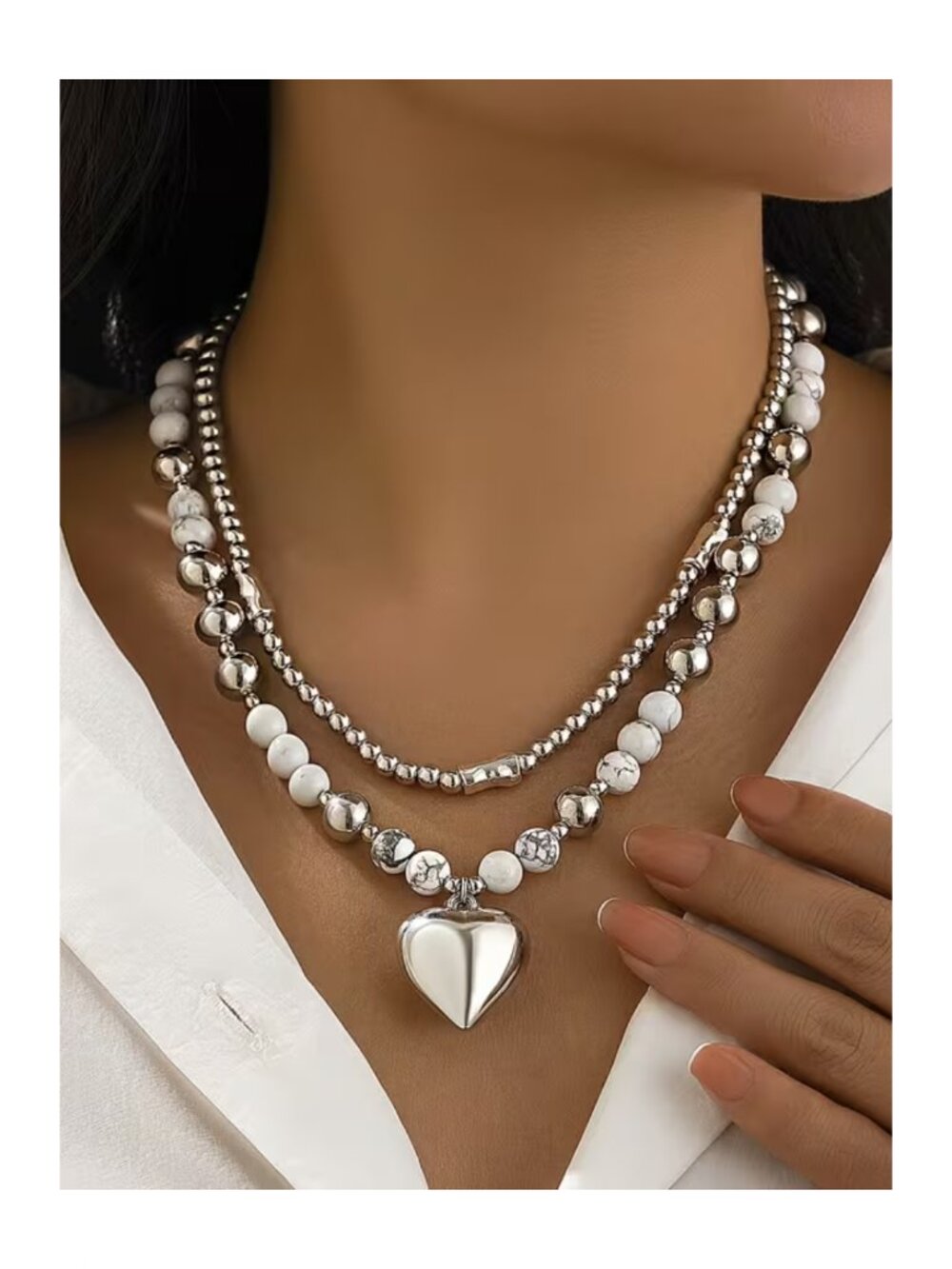 NWT Silvery Layered Heart Pendant Necklace Set Chunky Beaded Chains Boho Chic